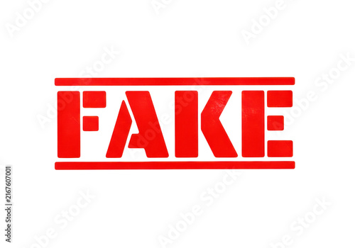 Bold red fake stamp, stark rectangular design with sans-serif font, communicating deception or invalidity clearly.