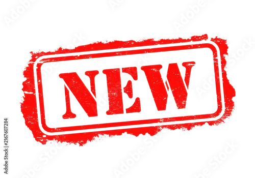 Red grunge rubber stamp with the word 'new' in uppercase letters, announcing recent arrivals or introductions on a transparent background.