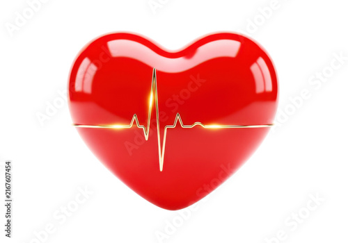 Shiny red heart with golden heartbeat line graphic symbolizing love health and medical care with a modern aesthetic on a transparent backdrop.