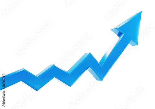 Bright blue upward trending arrow graph indicating growth and success in business or finance markets on a transparent background.