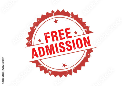 Circular red stamp with text free admission and stars for event marketing and promotion.