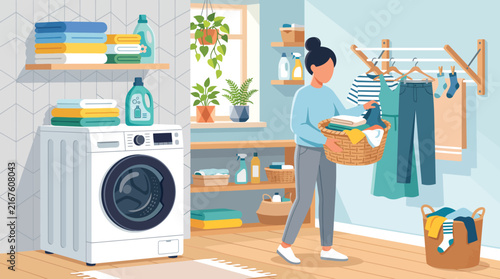 Woman carrying laundry basket near clothesline and washing machine in bright room