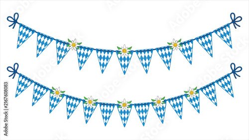 Bavarian Bunting Garland Set Oktoberfest Party Decoration Flags with Blue and White Diamond Checkered Pattern and Edelweiss Flowers Vector.