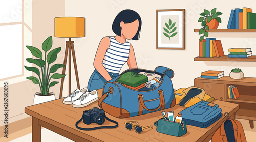 Woman packing a blue duffel bag for travel with clothes and accessories on a wooden table during daytime