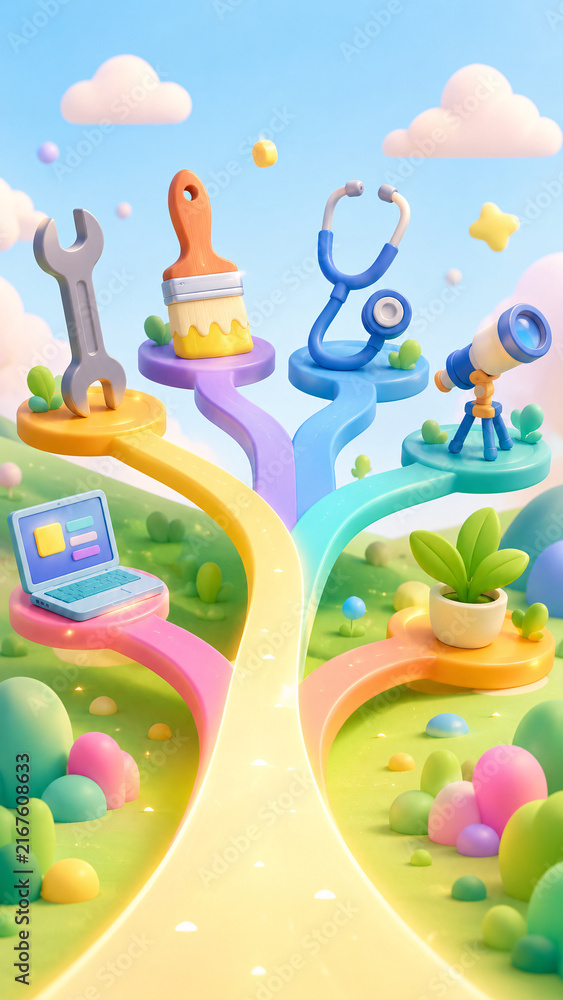 Naklejka premium Colorful 3D branching pathway leading to various career symbols including stethoscope tools computer and telescope