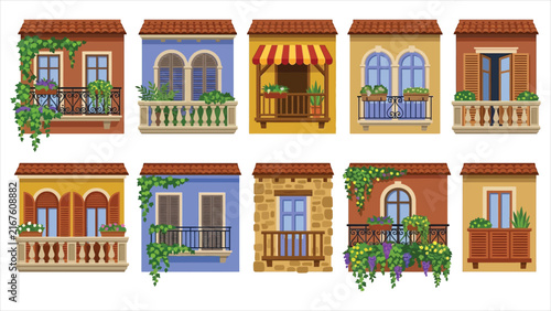 Classic European Balconies Set with French Windows Striped Awnings Wrought Iron Railings Shutters and Potted Plants Vector