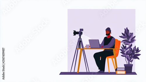 Illustrated content creator seated at a desk with a camera on a tripod, video production, online streaming, social media, remote work, digital creator setup