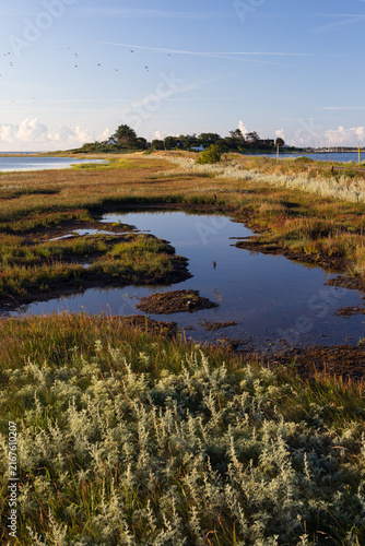 Picturesque coastal view of the causeway to the Langor  fishing village at the Stavns Fjord, Samsoe, Denmark