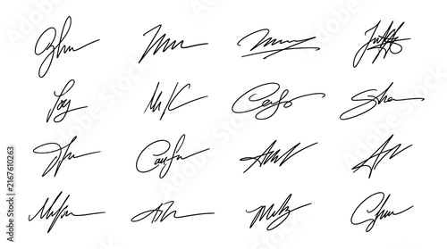 Cuadro en lienzo Set of 16 handwritten signatures for documents and contracts.