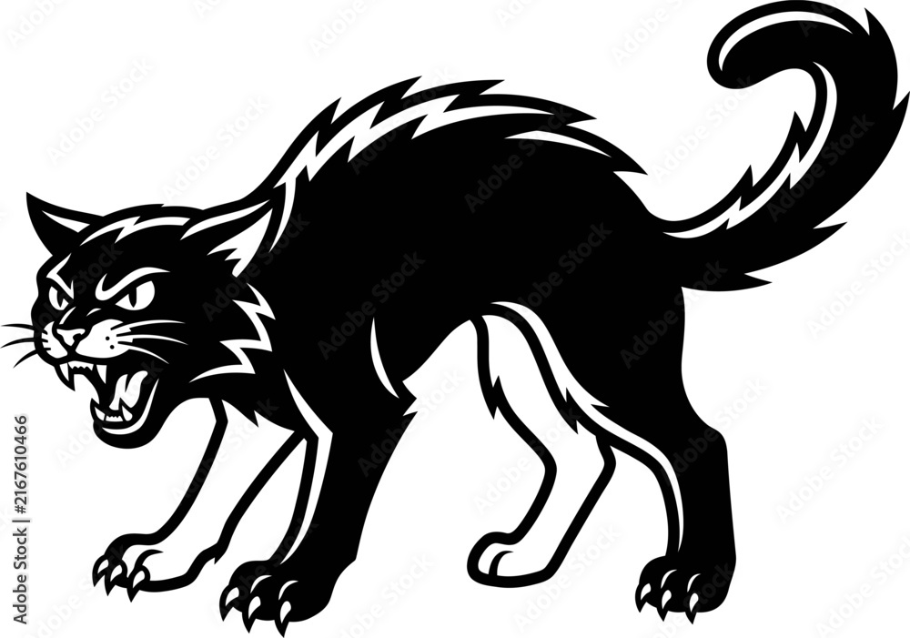 Obraz premium A scary black cat with arched back and bared teeth in a classic halloween illustration style
