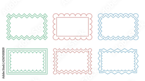 Set of colorful zigzag and scalloped rectangular frames for labels, invitations and decorative borders on white background