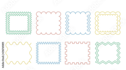 Set of colorful decorative square frames with zigzag and scalloped borders on white background