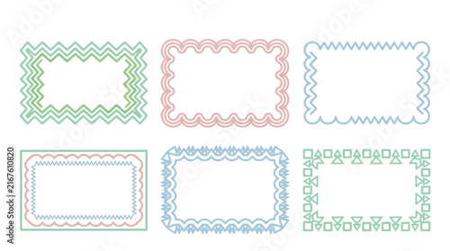 Set of colorful decorative rectangular frames with wavy and geometric borders on white background