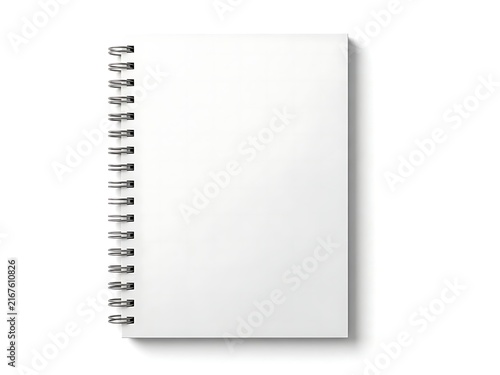 Blank white spiral notebook with metal wire binding for school or office work and creative writing