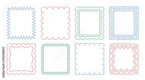 Set of colorful decorative square frames with geometric and scalloped borders on white background