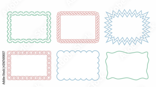 Set of colorful decorative frames and borders with wavy, zigzag and scalloped outlines on white background