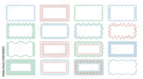 Set of colorful wavy rectangular frames and decorative borders for labels, invitations and certificates on white background