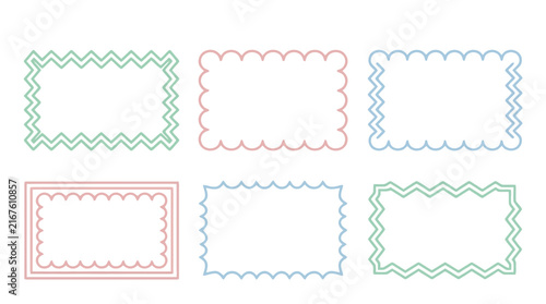 Set of colorful wavy rectangular frame borders in minimalist linear style on white background