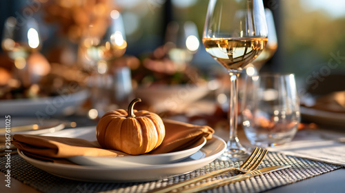 An elegant autumn table setting with a mini pumpkin centerpiece and glasses of wine bright clean natural light refined seasonal styling thanksgiving table pumpkin centerpiece