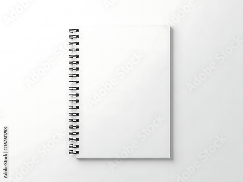 Blank white spiral notebook mockup with simple cover design for your creative writing and office notes