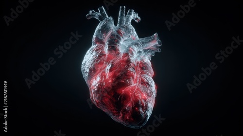 Artistic medical visualization of a realistic human heart floating against a clean dark background, translucent outer tissue revealing detailed
