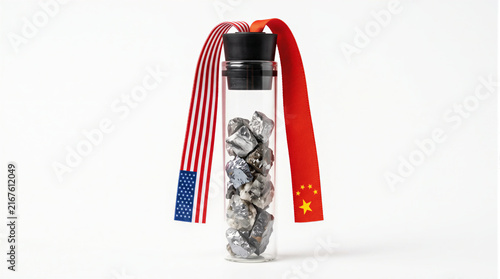 Glass vial filled with rare earth metals topped with USA and China flag ribbons, conceptualizing geopolitical trade war over raw materials and critical minerals isolated on white background