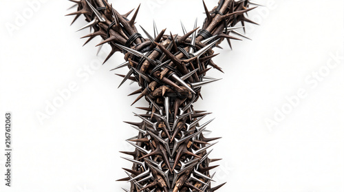 Necktie knot made of sharp wooden thorns and metal spikes, conceptualizing work stress, executive pressure, job burnout, and depression isolated on white background