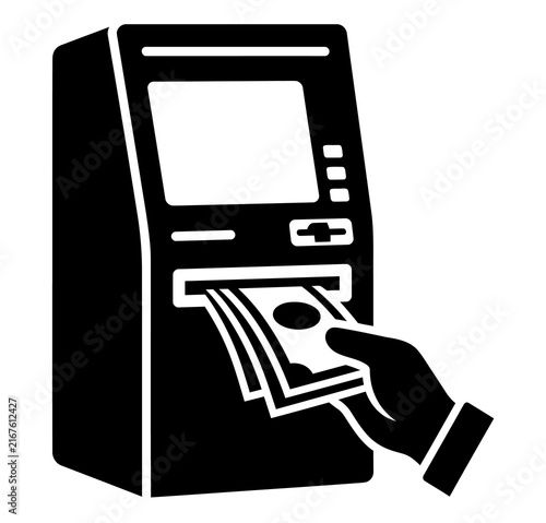 Atm machine with hand withdrawing cash money banknote vector icon financial service money withdrawal bank terminal banking icon purchase
