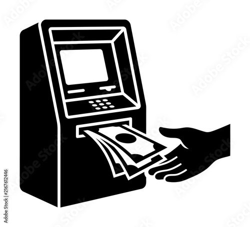 Atm machine icon dispensing cash money into a human hand silhouette with bank terminal financial service money withdrawal banking service