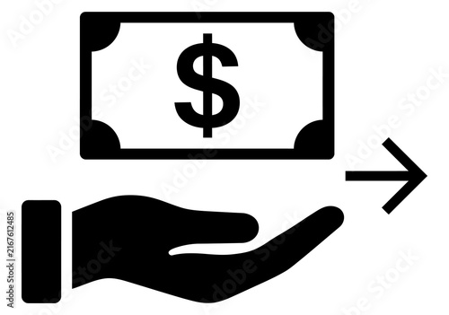 Human hand offering dollar banknote cash money transaction financial vector icon with income graphic salary sign currency design interface
