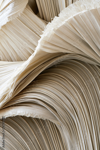 The close-up shot reveals layers of ivory-colored palm fibers: in natural light, smooth folds, fine parallel strands, and softly fringed edges come into view