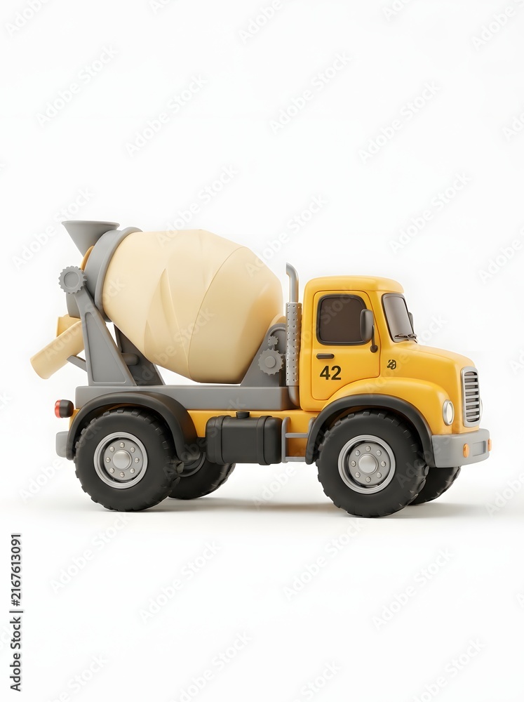 Fototapeta premium Yellow and gray toy cement mixer truck on a white background construction vehicle model