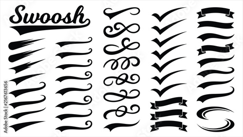 Retro Varsity Swoosh Tail Element Set with Sportswear Underlines Typography Swashes and Calligraphy Script Swirls.