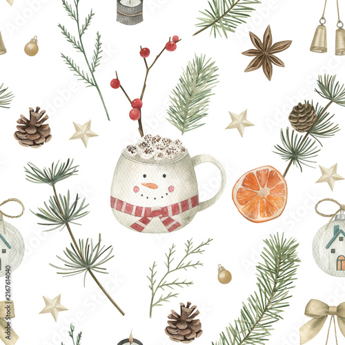 Watercolor Christmas seamless pattern with fir branches, candle, bells and cup. Hand drawn illustration on white background, for wallpaper, wrapping