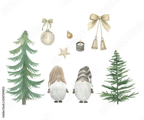 Christmas collection with gnomes, christmas tree and decorations. Greeting winter background. Watercolor print. Hand drawn illustration