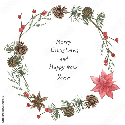 Watercolor Christmas wreath. Winter frame with  fir branches and red poinsettia. Hand drawn vintage illustration  on white background
