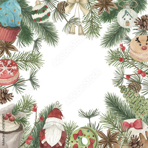 Watercolor Christmas frame. Winter card with  fir branches and red decorations. Hand drawn vintage illustration  on white background