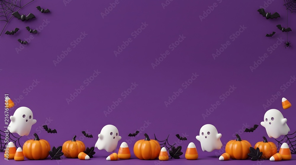 Fototapeta premium Halloween background with cute ghosts and pumpkins
