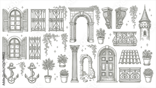Vintage European Architecture Elements Sketch Set with Wrought Iron Balconies Arched Windows Columns Shingles and Stone Gateway.