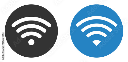 Wifi signal icon set with wireless network symbol in black and blue circular design on white background
