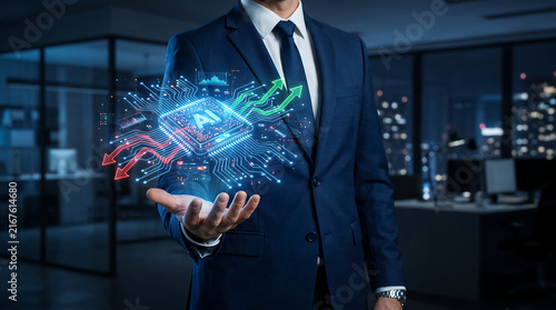Businessman holding futuristic artificial intelligence digital chip representing innovation and modern technology