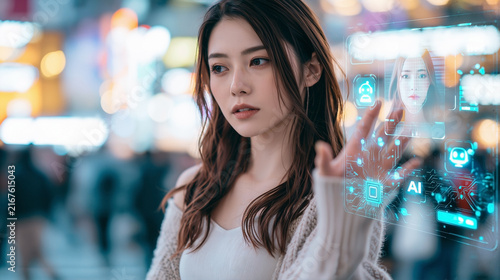 Taiwanese commuter making dismissive gesture toward holographic AI brain and microchip showing technology annoyance and digital overwhelm at night
