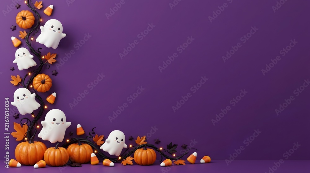 Fototapeta premium Halloween background with cute ghosts and pumpkins