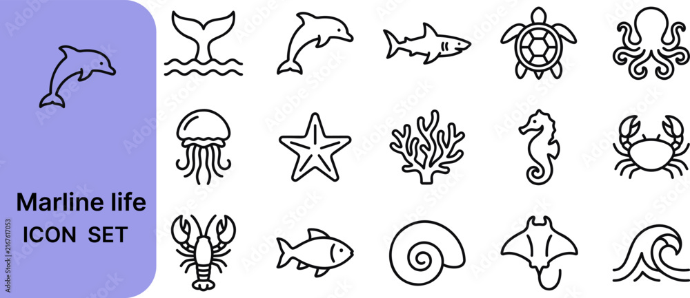Obraz premium Marine life icons set, sea animals vector outlines in line art style