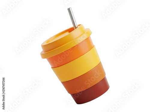 Colorful layered coffee cup with a lid and straw isolated on white background isolated on transparent background