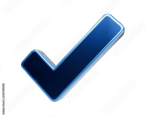 фотографія Blue Check Mark Symbol: A glossy, metallic blue check mark, rendered in 3D, stands out prominently, signifying confirmation, agreement, or a completed task