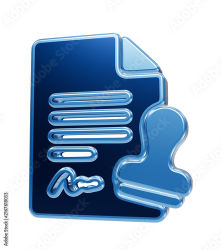 Принти на полотні Seal of Approval: A glossy blue icon depicting a document with lines of text and a signature, accompanied by a rubber stamp, symbolizing official endorsement and authentication