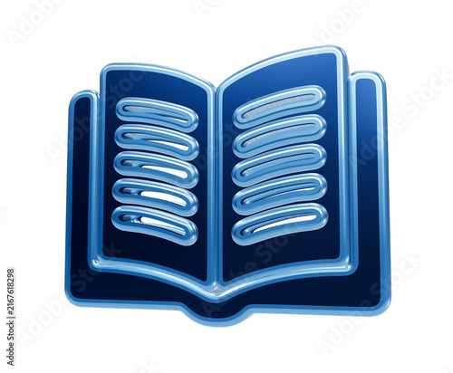 A luminous open book rendered in sleek blue chrome, its pages filled with abstract lines representing knowledge and information.