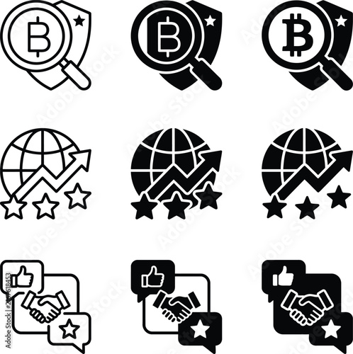 Set of flat monochrome vector icons for business finance cryptocurrency and global commerce communication concepts