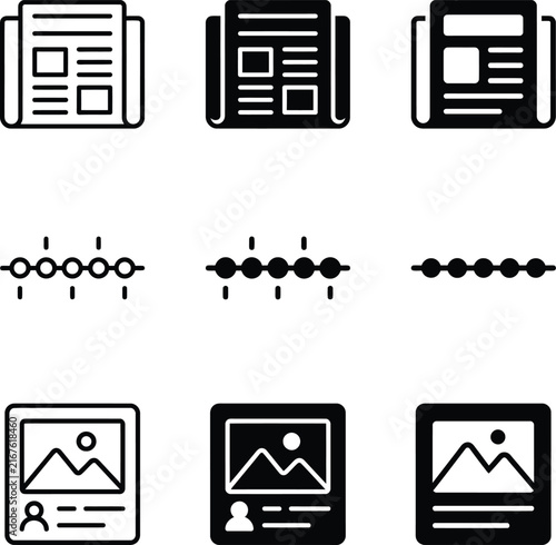 Set of flat monochrome vector icons representing newspapers timelines and picture documents